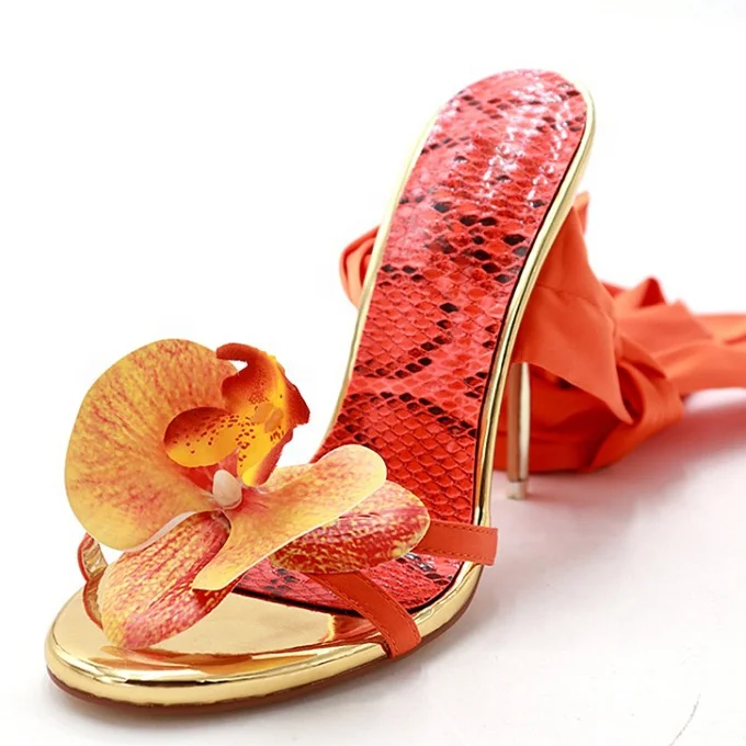 

Color Custom Women High Heel Flower Dress Shoes Sexy Stiletto Snakeskin Pumps Ankle Cross Strap Slippers Sandals, Orange