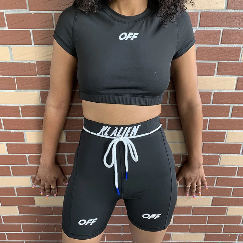 

Letter Print Two Piece Sets Women Sportswear Tracksuits Elastic Crop Tops Drawstring Bike Shorts Matching Sets Workout Clothing