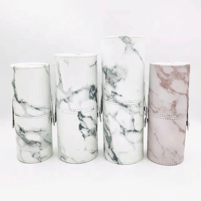 

Private Logo Marble Brush Bucket PU Makeup Brush Cylinder Portable Makeup Brush Storage, White, khaki