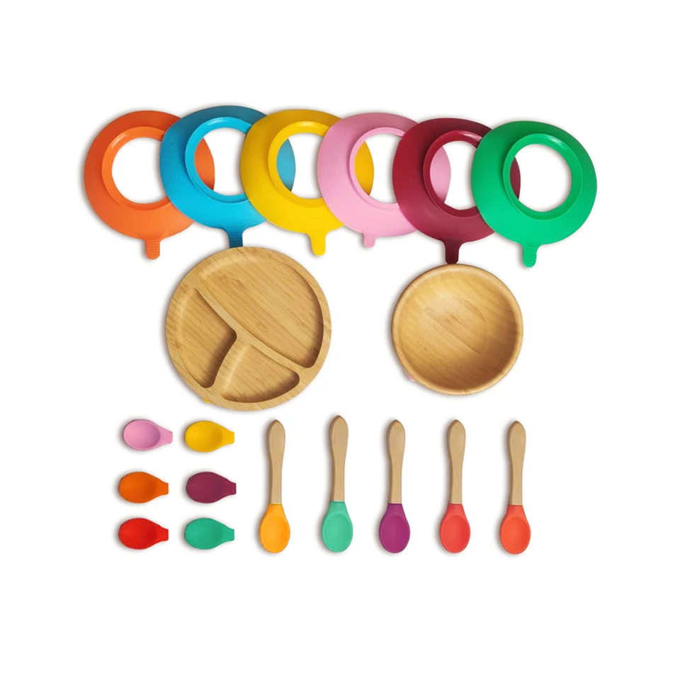 

The multi-color rubber is available with the | Bamboo Baby feeding set