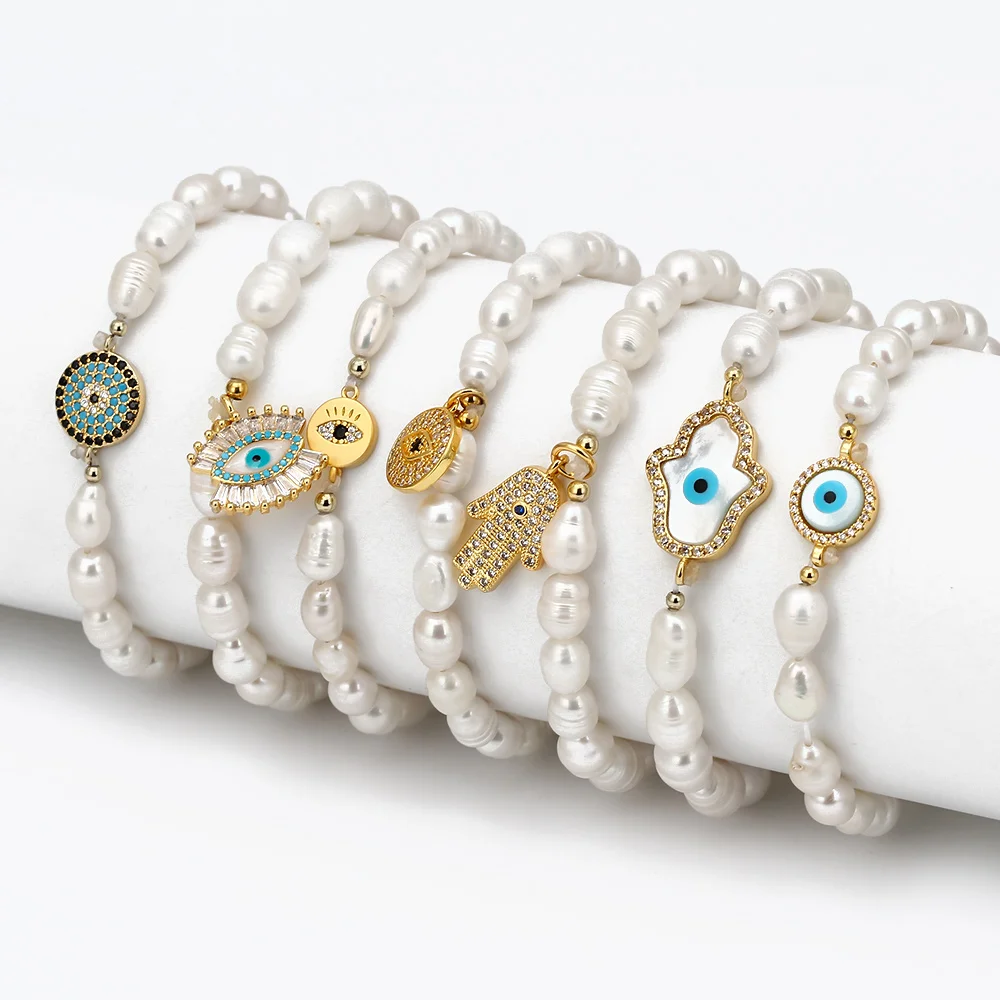 

Irregular Freshwater Pearl Beads Bracelets Fatima Hand Blue Turkish Evil Eyes Charm Bracelet Adjustable for Women Girls