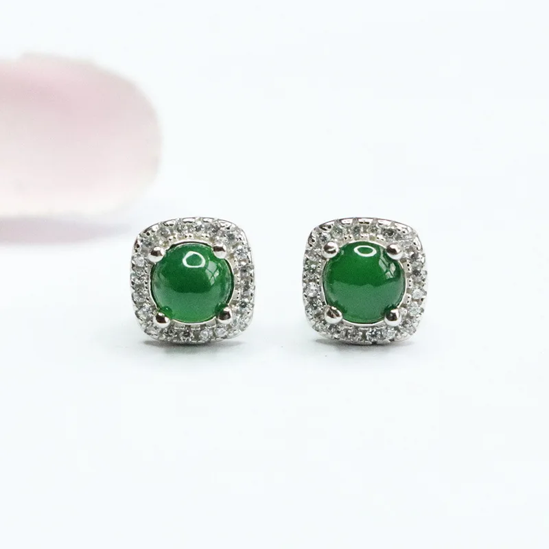 

S925 Silver Inlay Natural Emerald Ice-Like Emperor Green Stud Earrings Ear Hooks Jade Live Delivery 2051112