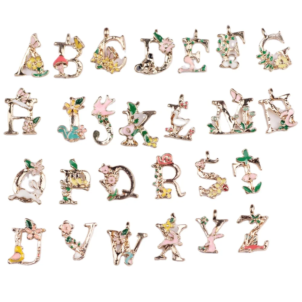 

Zinc Alloy Red Oil Drip Alphabet Painting 26 custom Letters Enamel Girls Bracelets Gold Plated Charms pendant DIY Jewelry