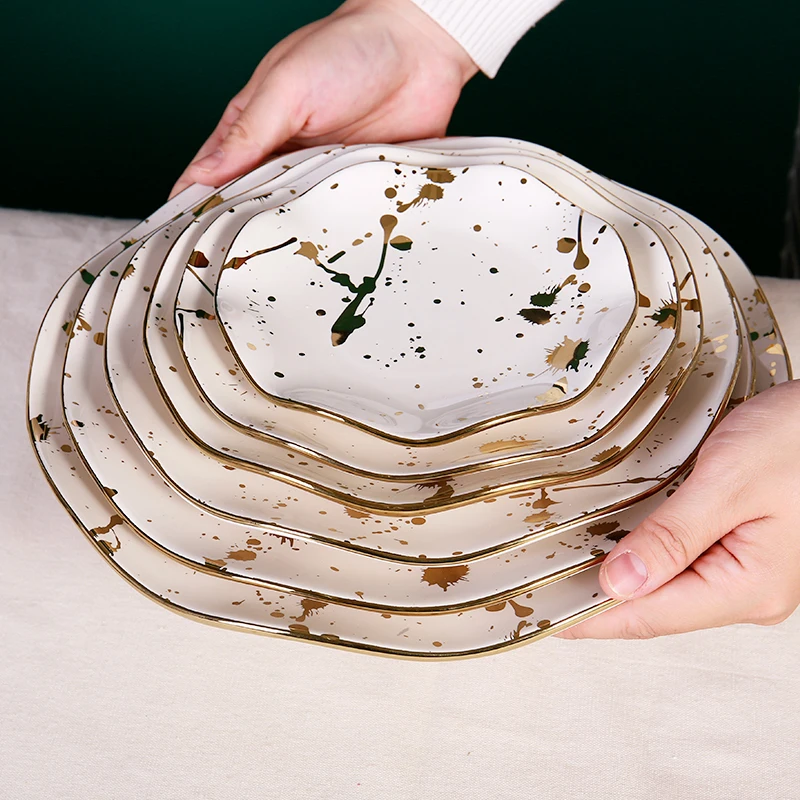 

Novelty  Sizes Ceramic luxury gold food Plate and Dish for wedding hotel home gift, White and gold