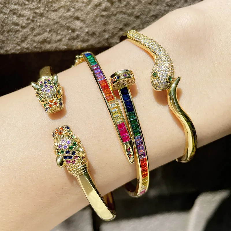 

Personality Inlaid Color Zircon Nail Bracelet Female European and American Exaggerated Animal Snake Leopard Head Open Bracelet, Gold