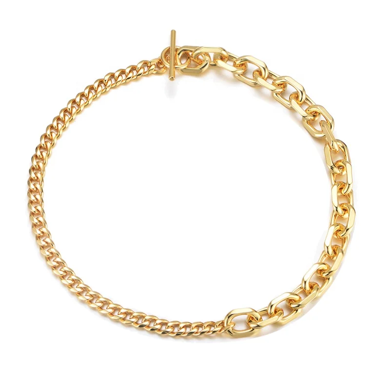 

wholesale Modern popular Unisex hip hop 14k gold plated brass Spliced Flat Back Cuban Chain Necklace jewelry