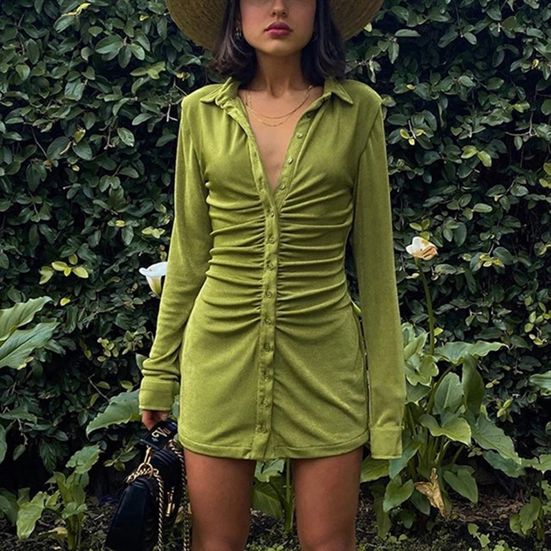 

ANL3034 Pure color dress women 2020 autumn new women's sexy long-sleeved lapel single-breasted cardigan skirt, Accept customization