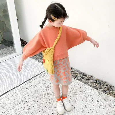 

New fashion Toddler Girl Clothing set Infant solid long sleeve knitting sweater shirt and leopard skirt set for kids, Picture shows