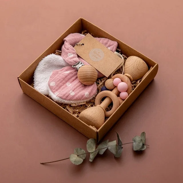 
1 Set Baby Teether Toys Pacifier Clips Chain Beech Wooden Rattles Bunny Ear Bracelet 