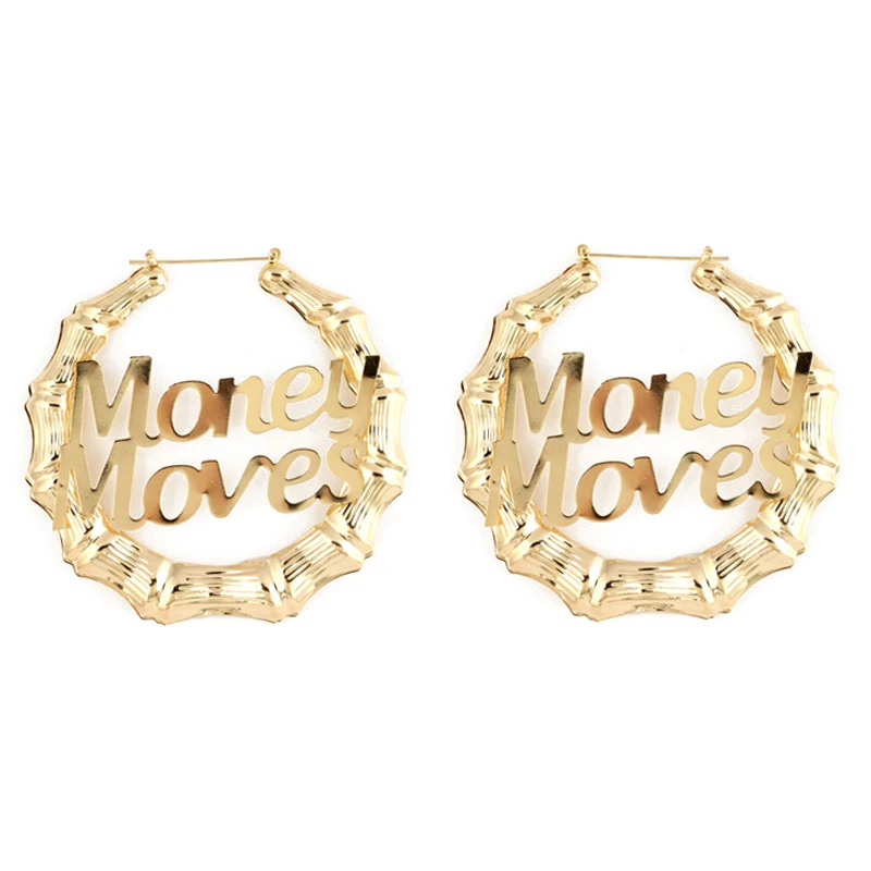 

Wholesale 9cm 14k gold Big hoop bamboo earrings money sign hoops earrings for women fashion jewelry, As is or customized