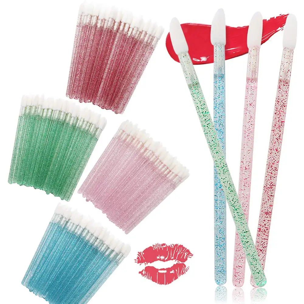 

50pcs crystal lip scrub brush applicator exfoliator disposable empty gloss tube with makeup lip brush set gloss lipstick wand, Pink,green,yellow.red