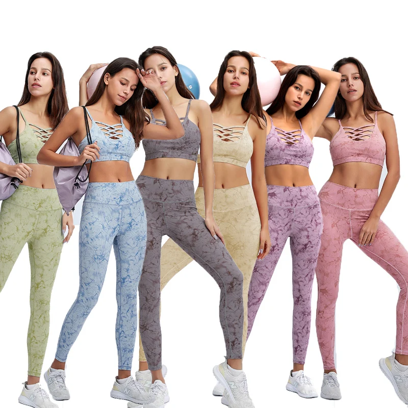 

2021 High Performance New Sexy Gathered Up Shockproof Bra Trousers Nude Tie-dye Yoga Sports Suit Fitness Set, Picture shows