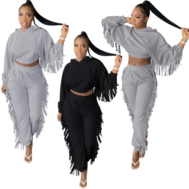 

N1985 Tassel Fringe Cropped Bat Sleeve Hooded Sweater Set Two Pieces