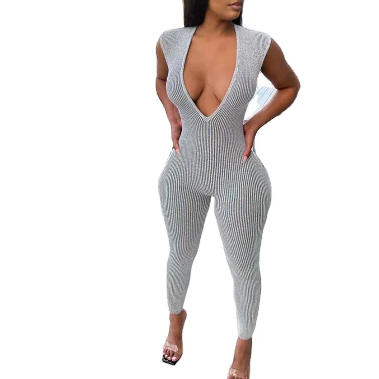 

Sexy Solid Deep V Neck Sleeveless Knitted Jumpsuit Women Knits Apparel Sleeveless Bodycon Skinny Jumpsuit 2021 New Arrivals, Black,gray,green