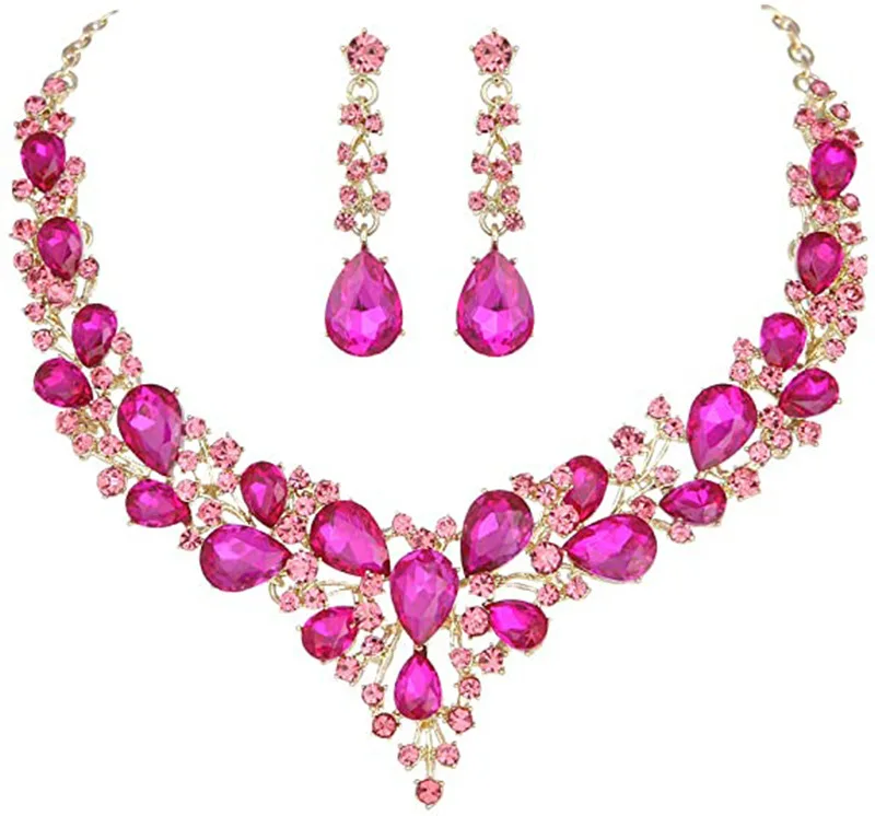 

Rhinestone Jewelry Crystal Waterdrop Necklace Earring Jewelry Set For Wedding Bridal, Picture shows