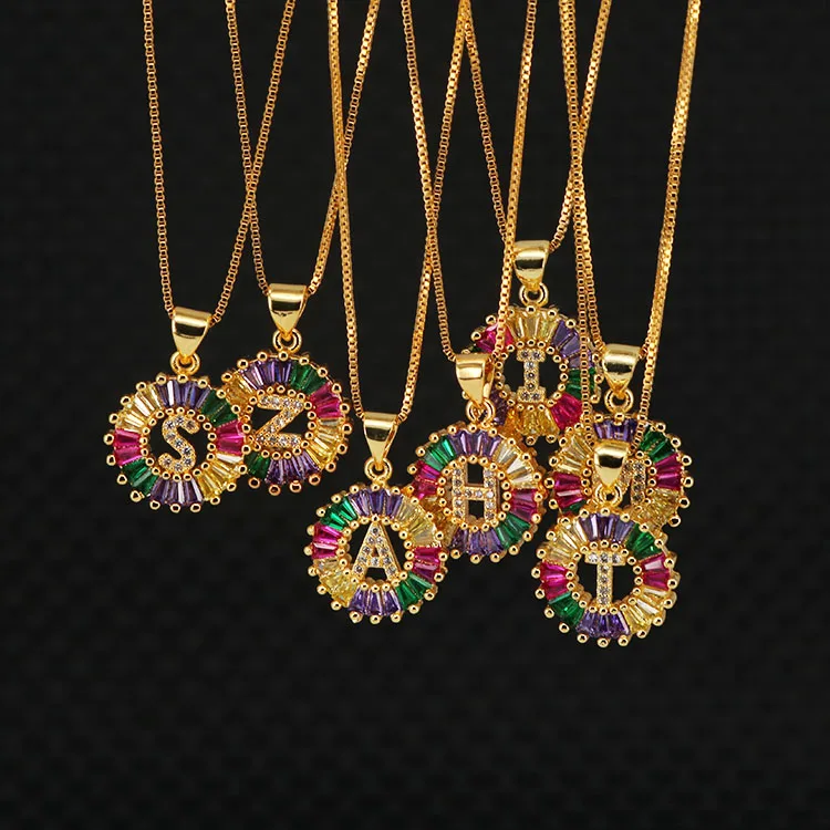 

NZ1075 Bling Jewelry Rainbow Cubic Zirconia Diamond 26 Alphabet Letter Charm Pendant Necklaces A-Z Initial jewelry for Women