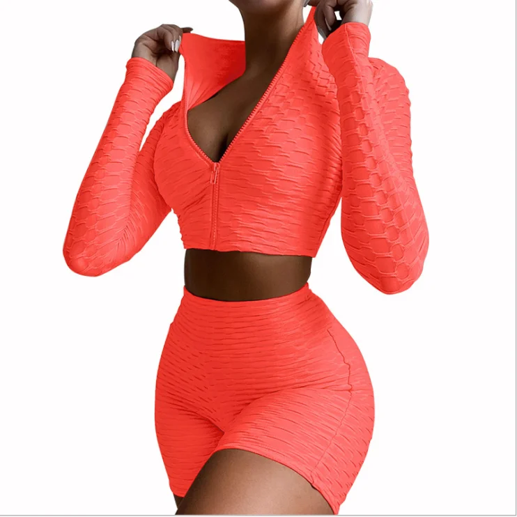

New arrival women sexy zip crop top and short suits ladies solid colors fitness set long sleeve sportswear yoga suit, 5 colors