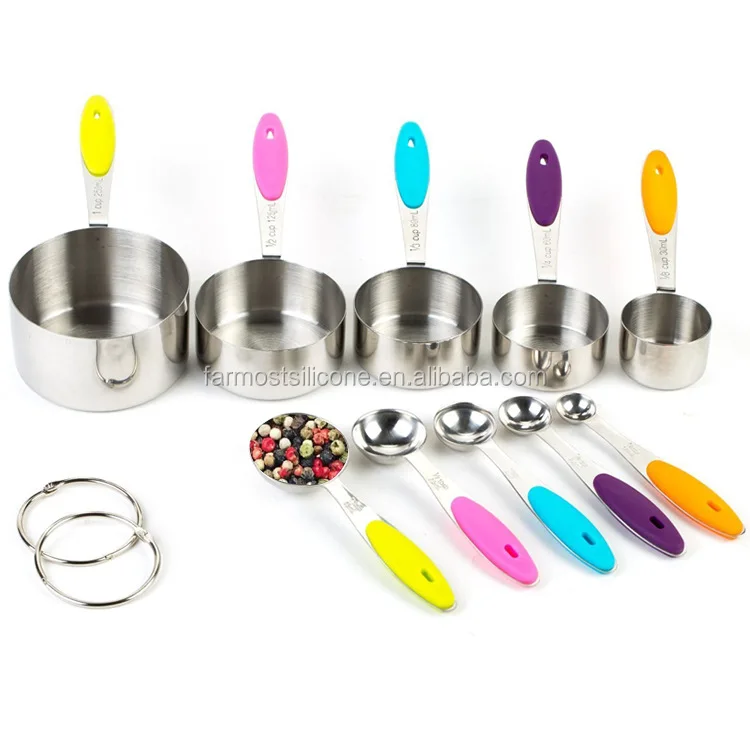 

Stainless Steel Measuring Cups and Spoons Set 10 Pieces Stackable Measuring Cups Spoons Set with Colorful Handle, Various colors
