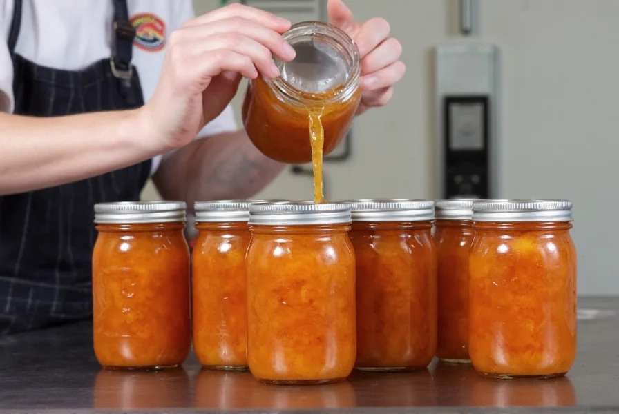 Chef carefully pouring hot peach pepper jam into sterilized mason jars for canning