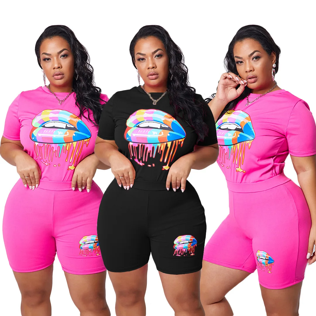 

2021 latest Plus size women casual lip print T-shirt shorts set XL-4XL