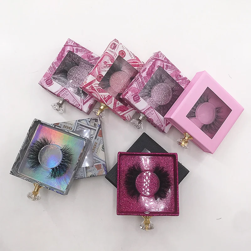 

Custom Lash Packaging Box Square Lash Box with Crystal Handle Black Magnetic Box without Lashes, 13 color available