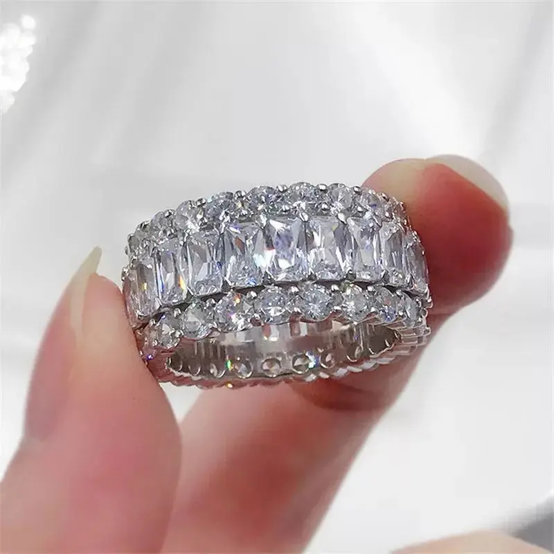 

5A cubic zirconia cz sparking bling iced out women finger jewelry triple row cz eternity band ring, Gold plated