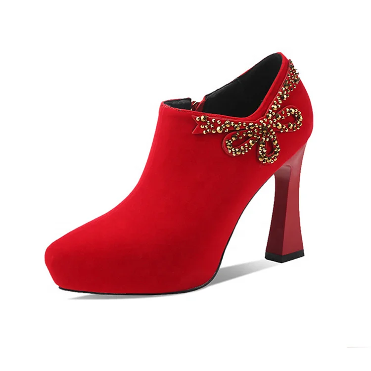 

New Toe Pointy Suede Bowknot Decorate Wedding High Heel Ladies Shoes, Red, black