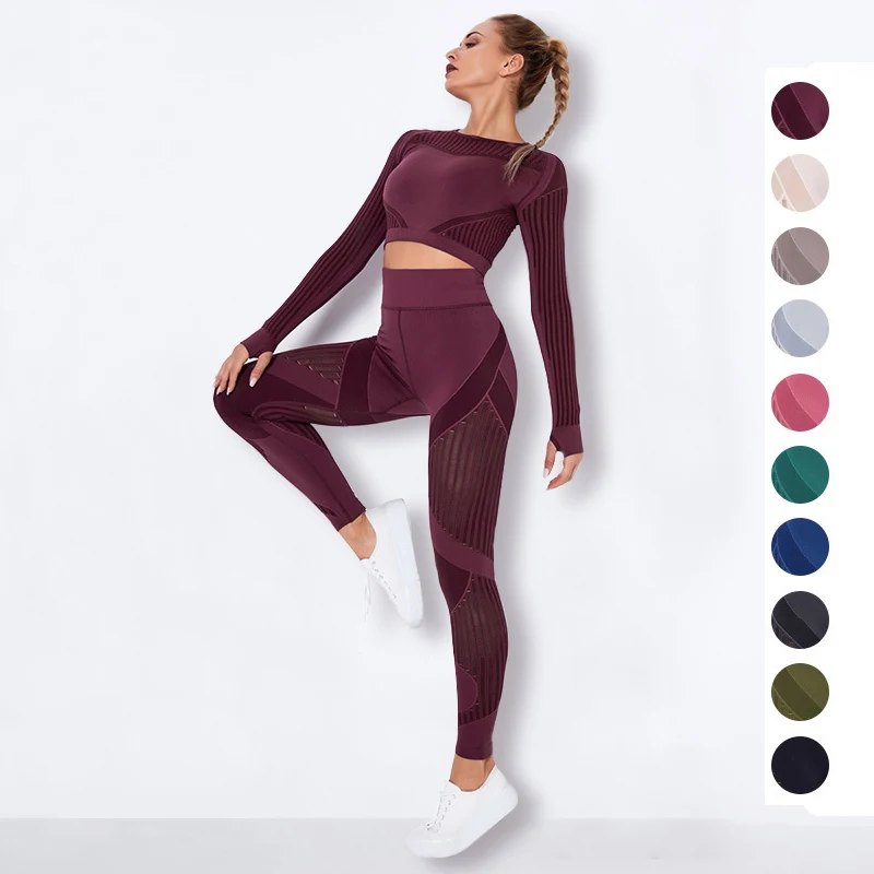 

High Waist Mesh Hollow Sweat-Wicking Sports Fitness Yoga Wear Long Sleeves Two Piece Gym Yoga Set Women