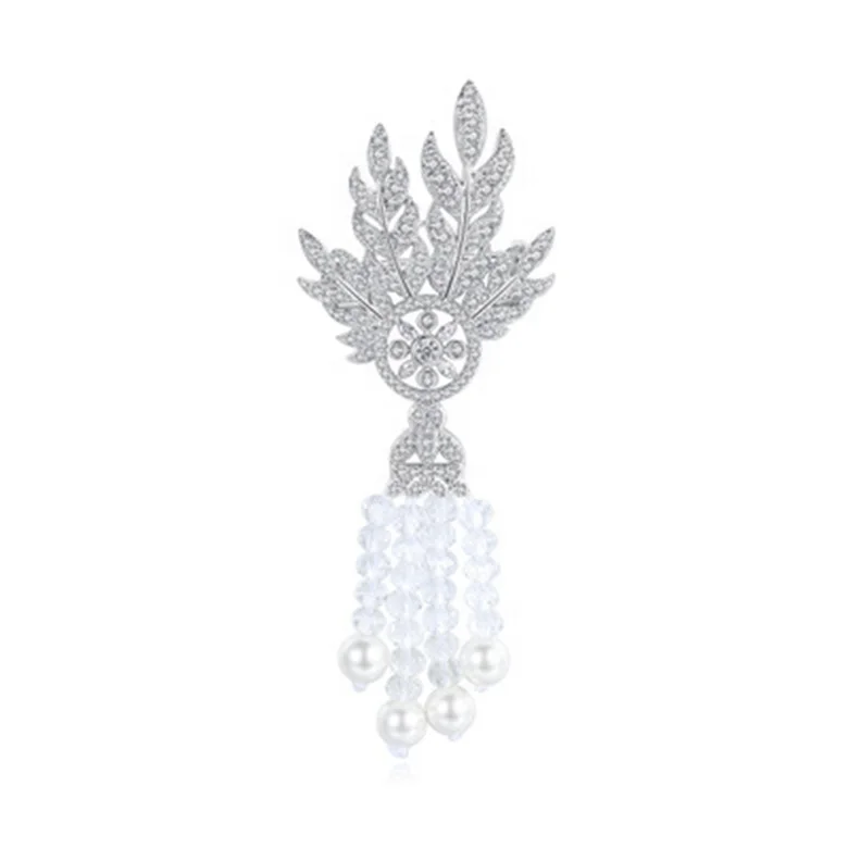 

Long Tassel Zircon Brooch Frosted Leaf Fashion Brooch, Platinum