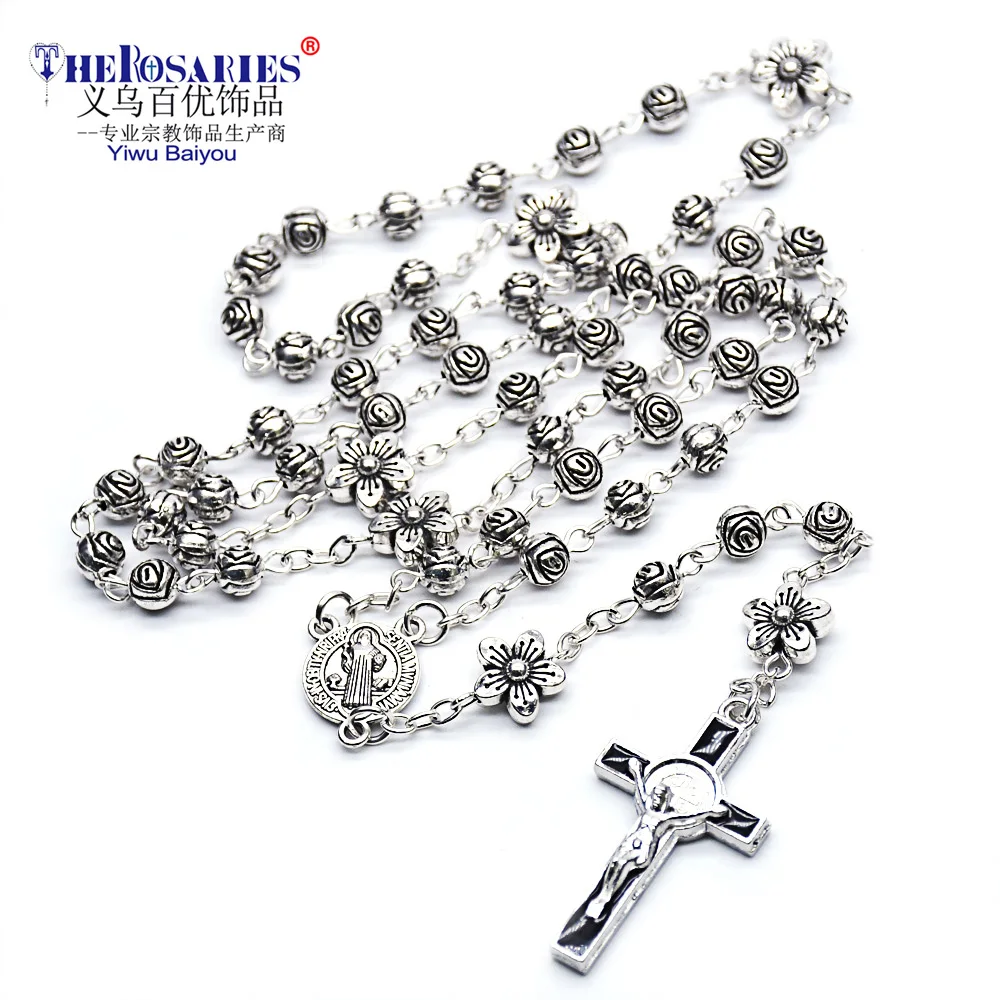 

Holy Virgin Metal Rose Flower Beads Rosary Necklace Gift Religious Community Prayer Beads