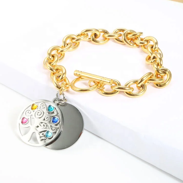 

Trendy Design Charm Bracelets Jewelry OT Toggle Link Chain Stainless Steel Tree of Life Charm Bracelet for Women, Gold, rose gold, steel, black etc.