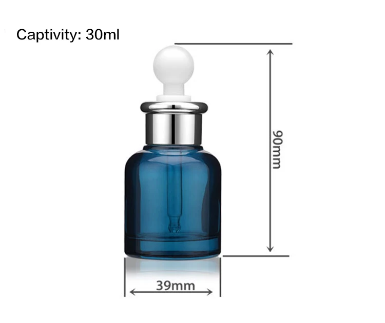 

30ml transparent essential oil bottle with round white rubber dropper peacock blue glasscontainer