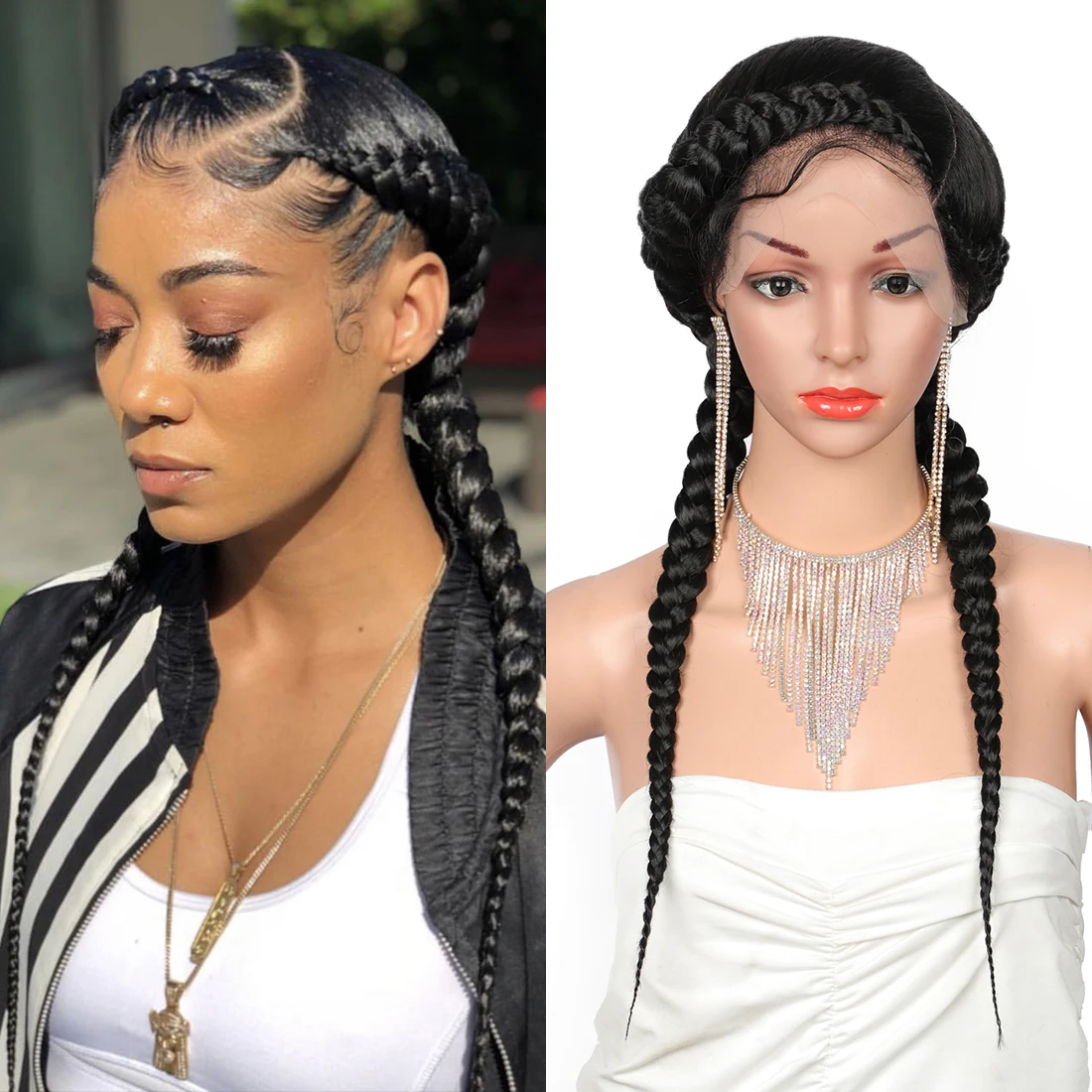 

24 Inches Braided With Baby Hair Women Lace Front Synthetic Box Braid Wigs, 1b