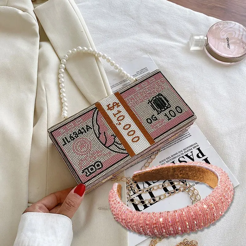 

Money Clutch Pearl Crossbody Single Shoulder Leather Handbags and Headband set