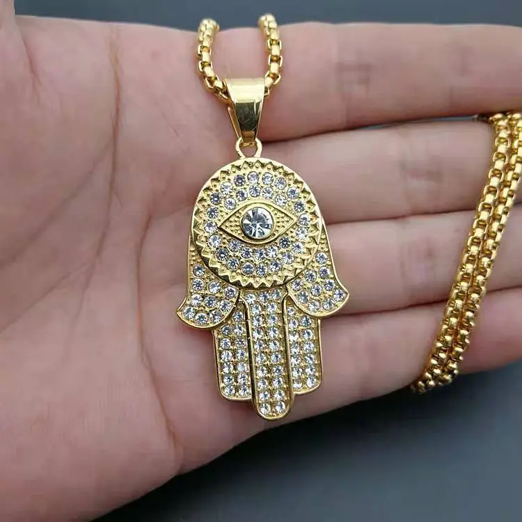 

Hot Selling Islam Muslim Jewelry Evil Eyes Hamsa Hand Necklace Iced Crystal Diamond Stainless Steel Fatima Hand Necklace