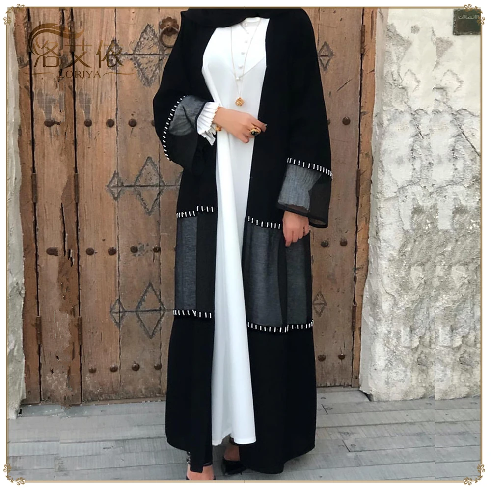 

New muslim women open abaya with hand made pearl kimono jilbab dubai long maix dress