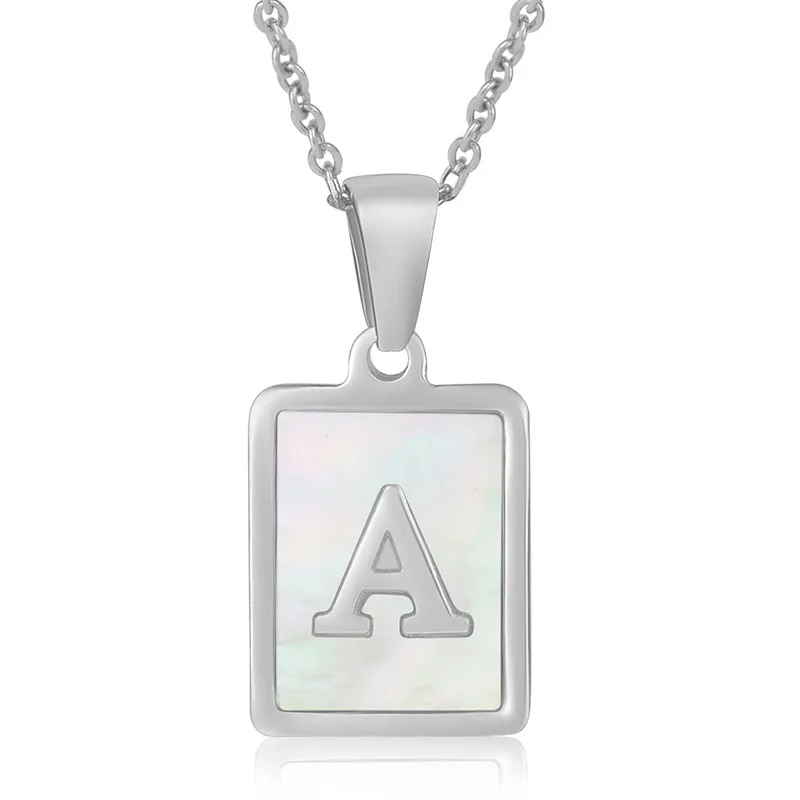 

Dainty White Shell Silver Color Square 26 Alphabet A-Z Necklace Stainless Steel White Gold Plated Rectangle Initial Necklace