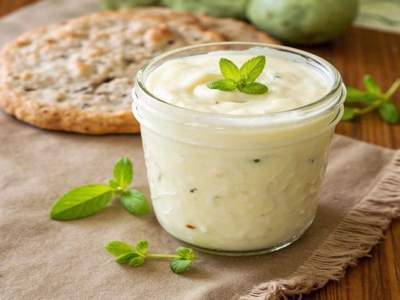 Creamy homemade mayonnaise in mason jar with herbs