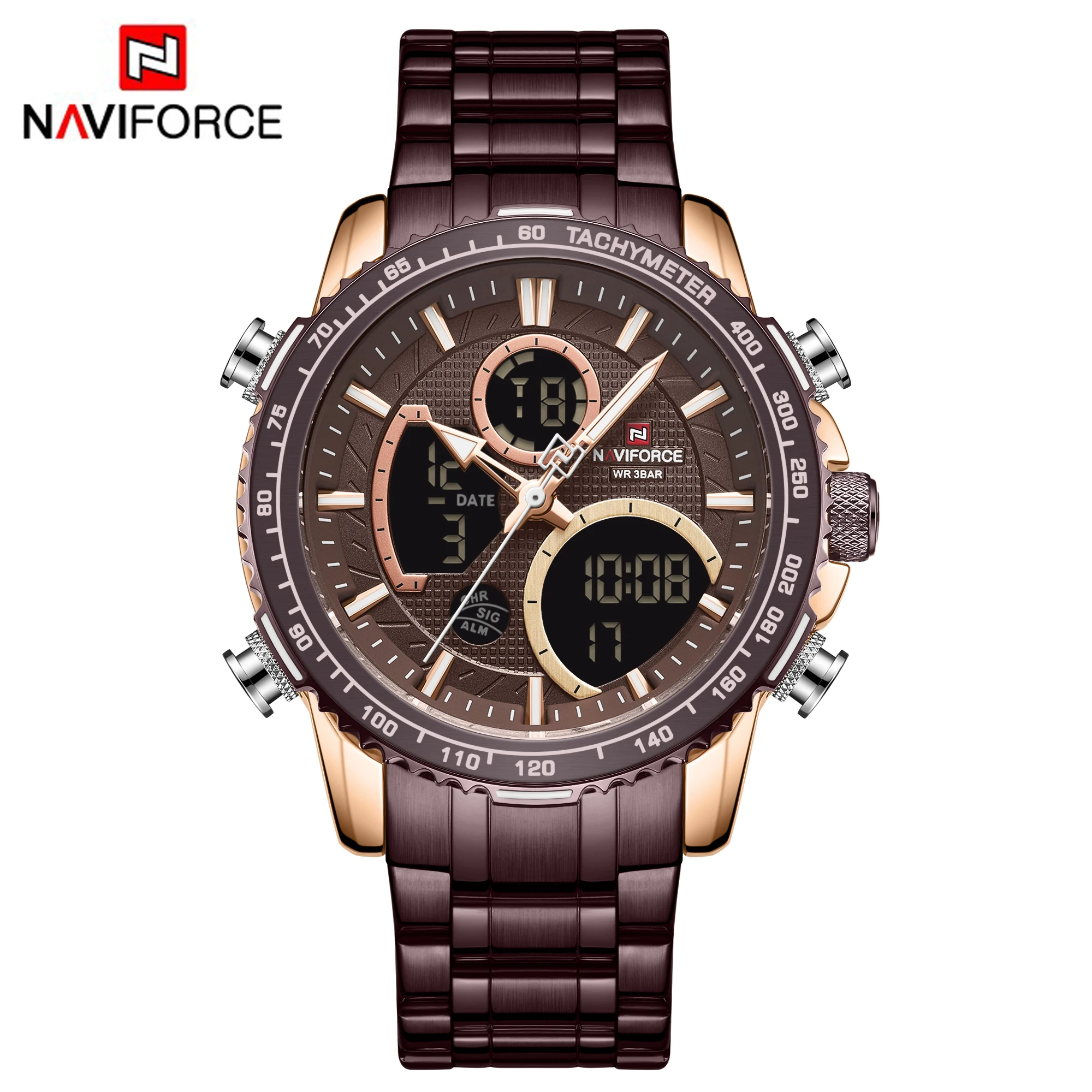 

Naviforce 9182 presidential chocolate male quartz watch creative steel band 3 dials double display character Casual wristwatch