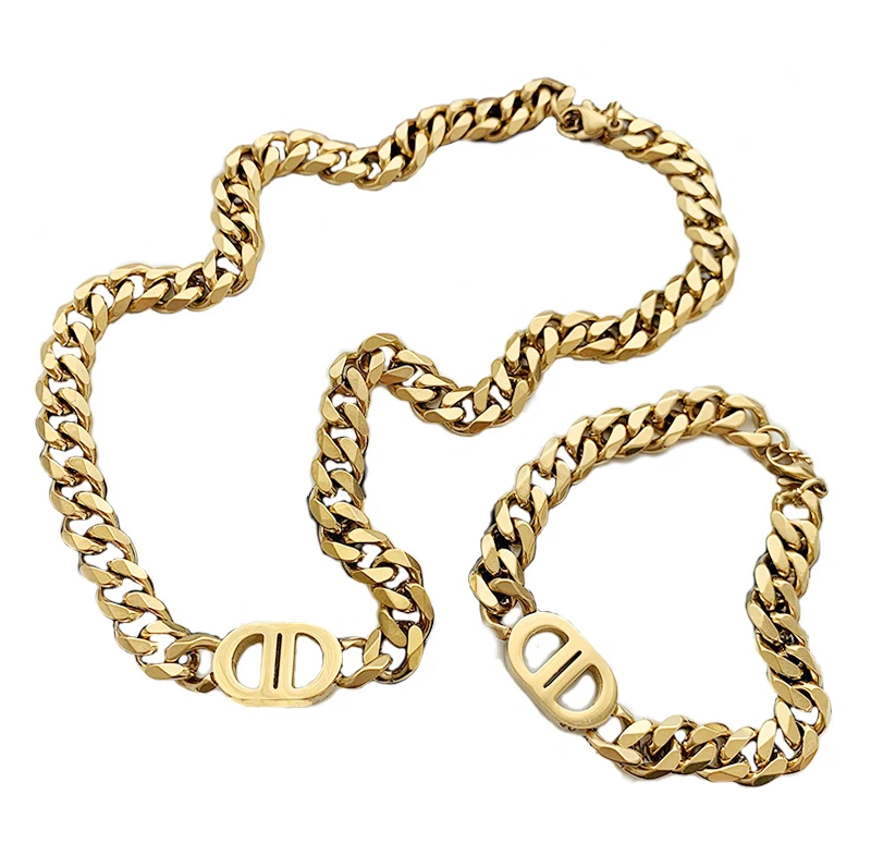 

Women hip hop Ins ice out stainless steel double D 18k gold plated chunky thick choker curb cuban chain necklace