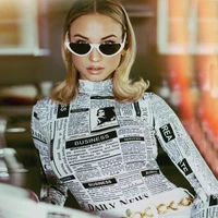 

2019 Autumn Women'S Newspaper Pattern Print Personality Slim Long-Sleeved Fashion Jumpsuit