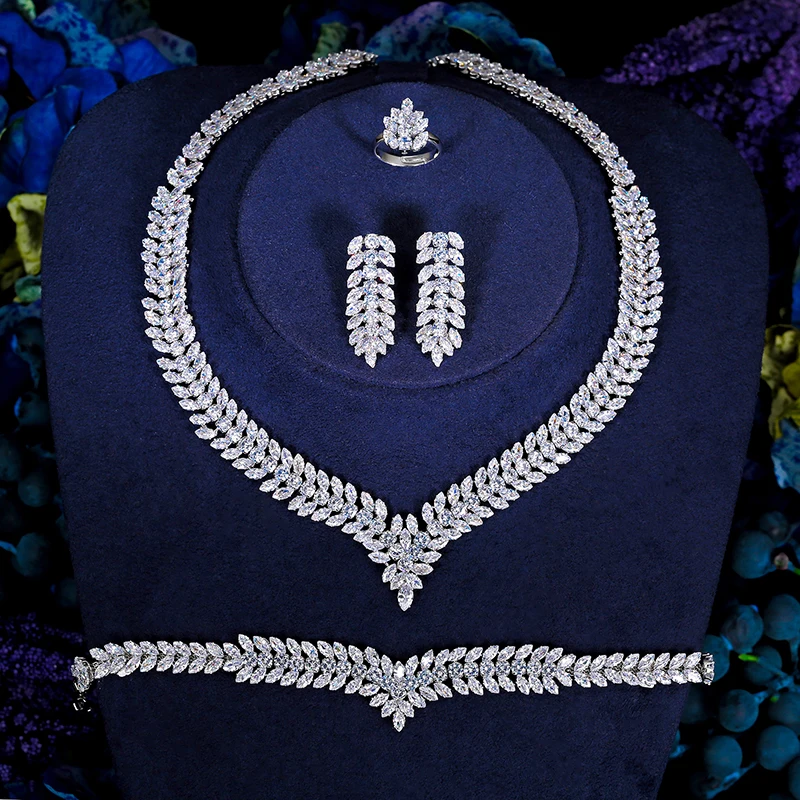 

Echsio 4 IN 1 Cubic Zircon Women Jewelry Set Shining Leaf Shape Chain Bridal Wedding Party Europe Jewelry Set Bridal BN7630