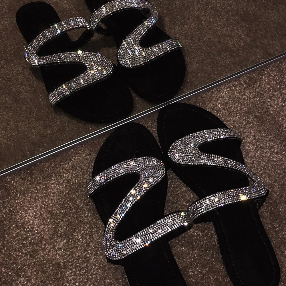 

Amazon Aliexpress Summer New Style Women Rhinestone Slippers Lady Z Type Open Toes Clip Crystal Shoes Beach Slippers, Silver,blue,pink,color,gold