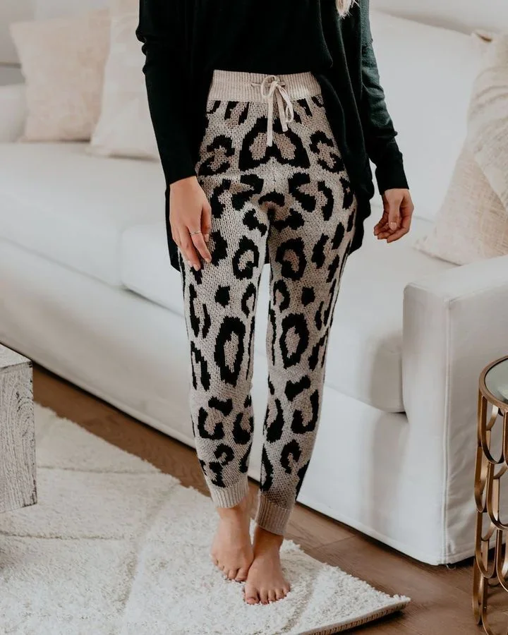 

Women Comfy Cute Cozy Leopard Knit Joggers, As picture