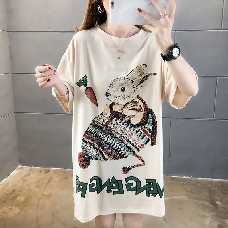 

Japanese T-shirt Women Korean 3D Print Ladies Girls Long Style T-shirts Oversized Latest Design Loose Tee Tops