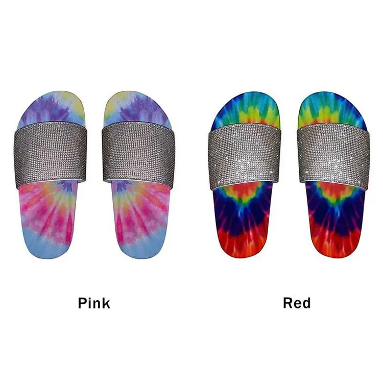 

Slippers women 2021 summer new style PU rhinestone rainbow color flat slippers