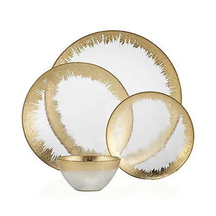 

Hot Selling Glass Charger Plate cheap Wholesale fruit Plate With Gold Rim For Wedding Decoration