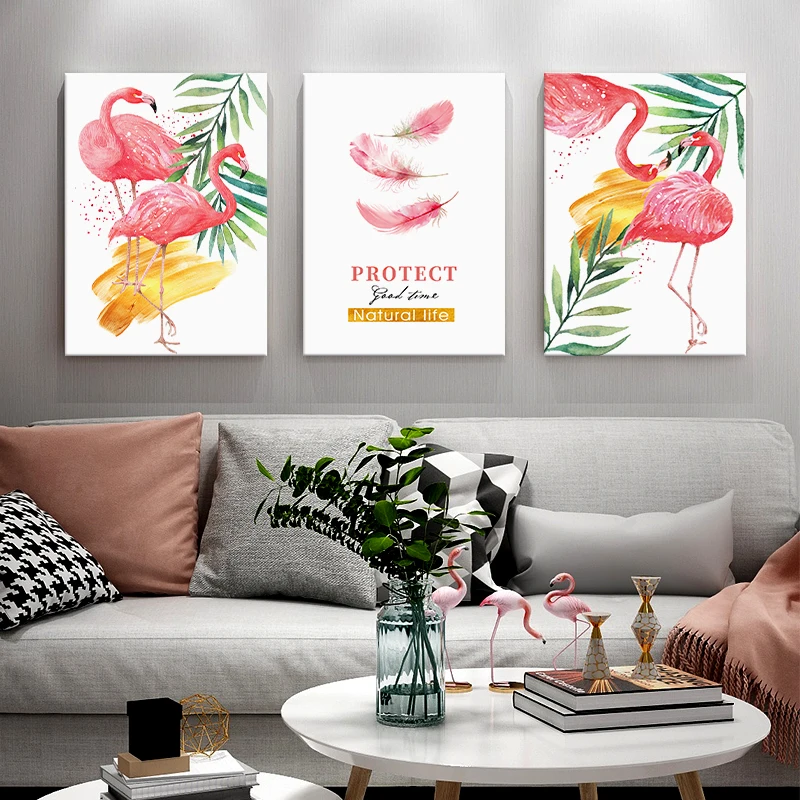 modern animal watercolor flamingo painting canvas printing service and frameless green plant wall art the living room