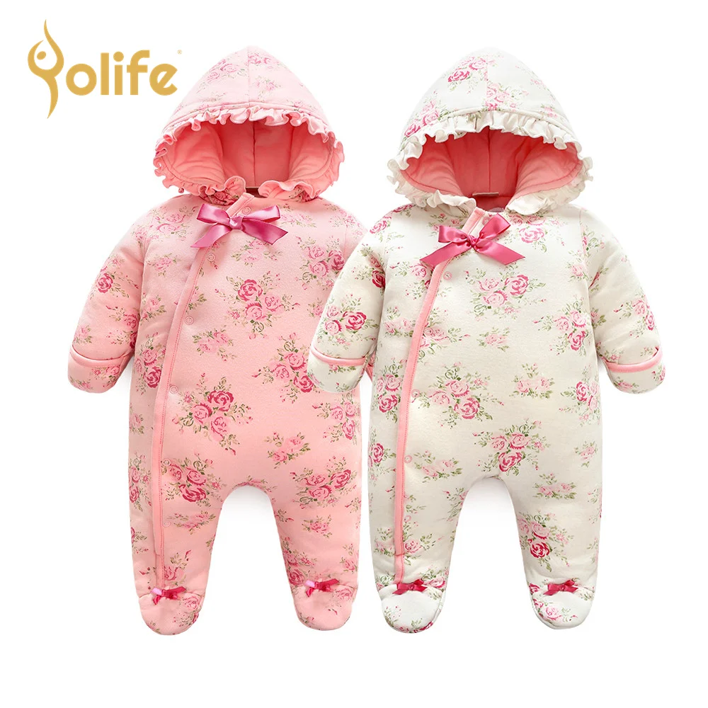 

Winter Newborn Baby Girl Rompers Thicken Warm Jumpsuit Hooded Clothing Floral Princess Girls Bodysuit