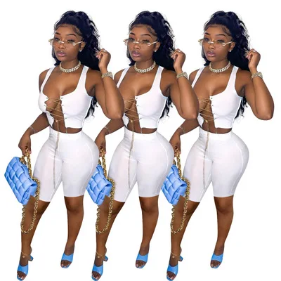 

B35940A 2021 Summer Ready to ship woman 2 pcs lace up chain top bandage short pants set, Black/white/pink/gray/green